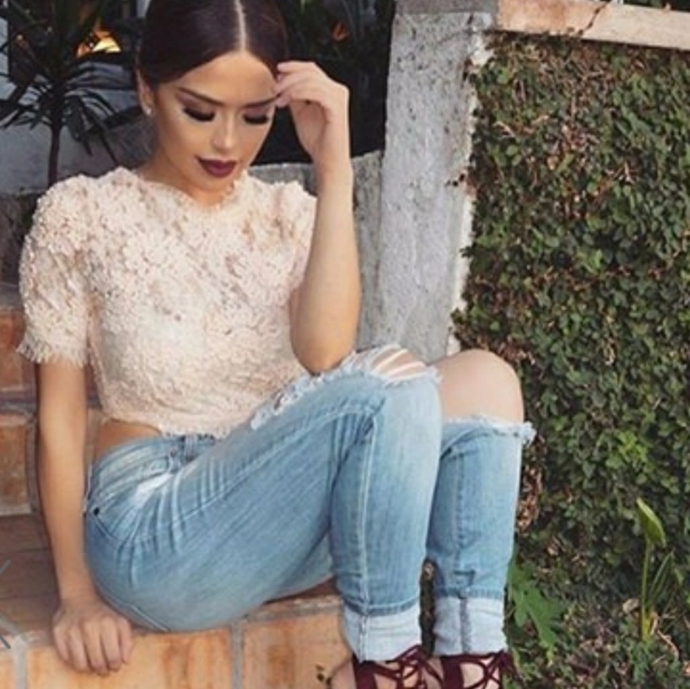 HMS Peach Sheer Lace Sequins Crop Top NWT